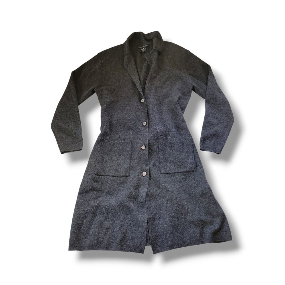 Sarah Spencer | Dark Gray Button Down Self-Tie Merino Wool Duster Cardigan - Picture 3 of 11
